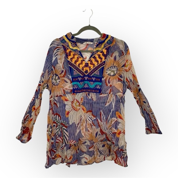 Soft Surroundings Tops - Soft Surroundings Navy Blue Orange Floral Embroidered Tunic Top Boho XL